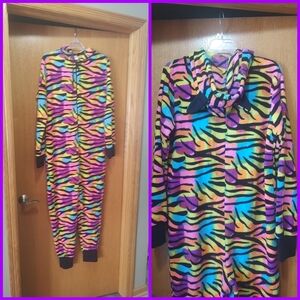 Fun Hooded Onsie Zip Up XL Colorful Zebra Print Adult Pajamas!